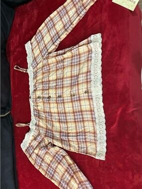 Plaid Crochet-Trim Off-Shoulder Top